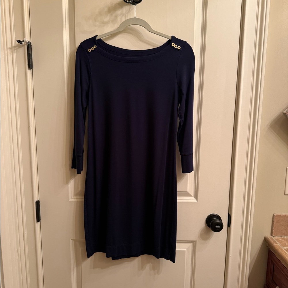 Classic Navy Boatneck Shift Dress - Gold Accent